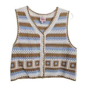Bohemian So Me Crochet Sweater Vest Womens Med Blue Brown Striped Granny Square